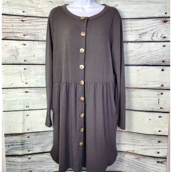 Zenana Women’s Button Front Babydoll Cardigan Dress Long Sleeve Gray Size 1X - Picture 1 of 7